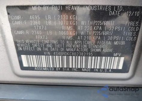 2011 Subaru Outback 3.6R Limited z USA, uszkodzony, nr VIN 4S4BRDKC8B2382195